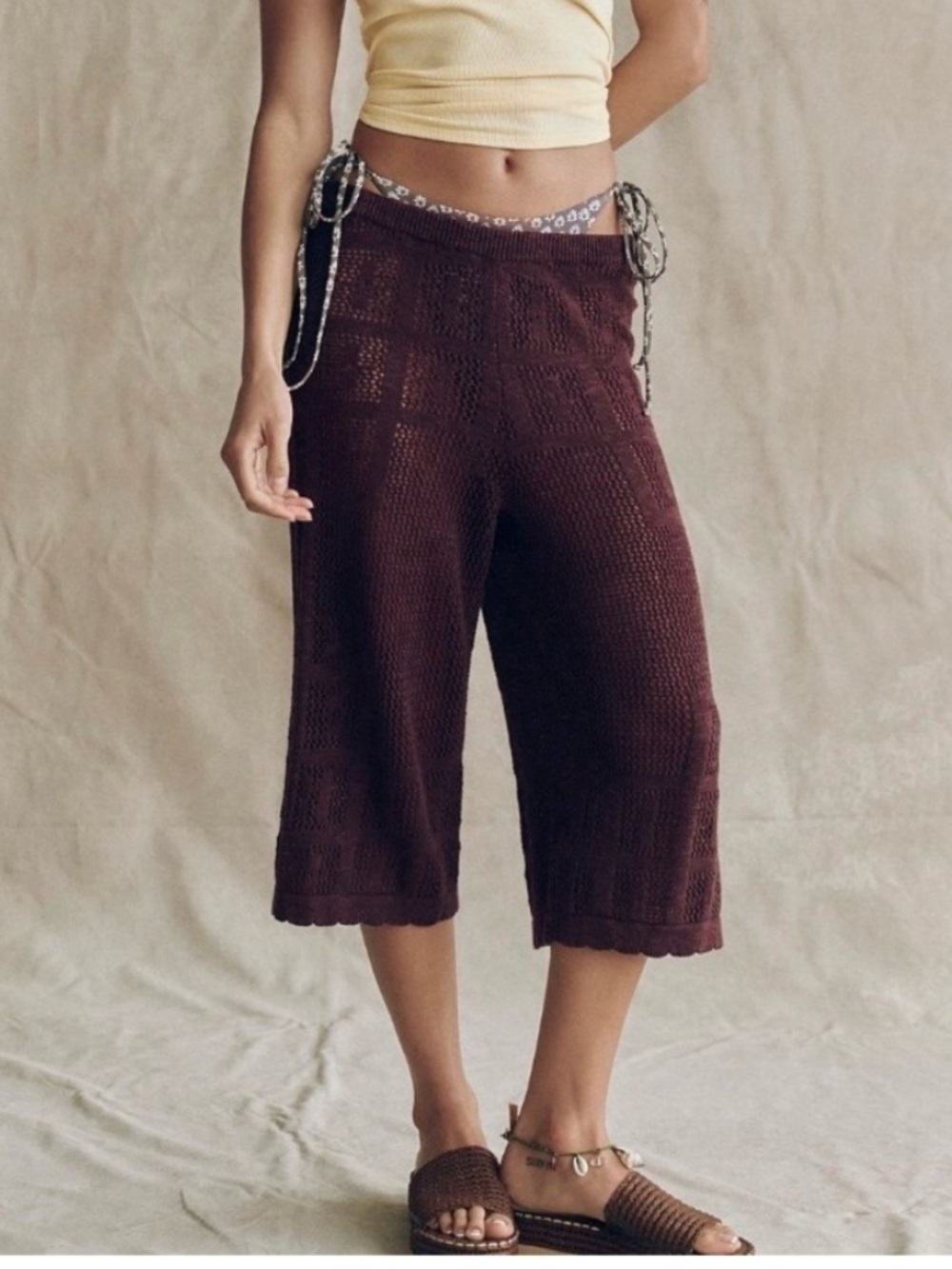 Free People FP Beach Wide-Leg Cropped Corbyn Crochet Capris in Deep Brown